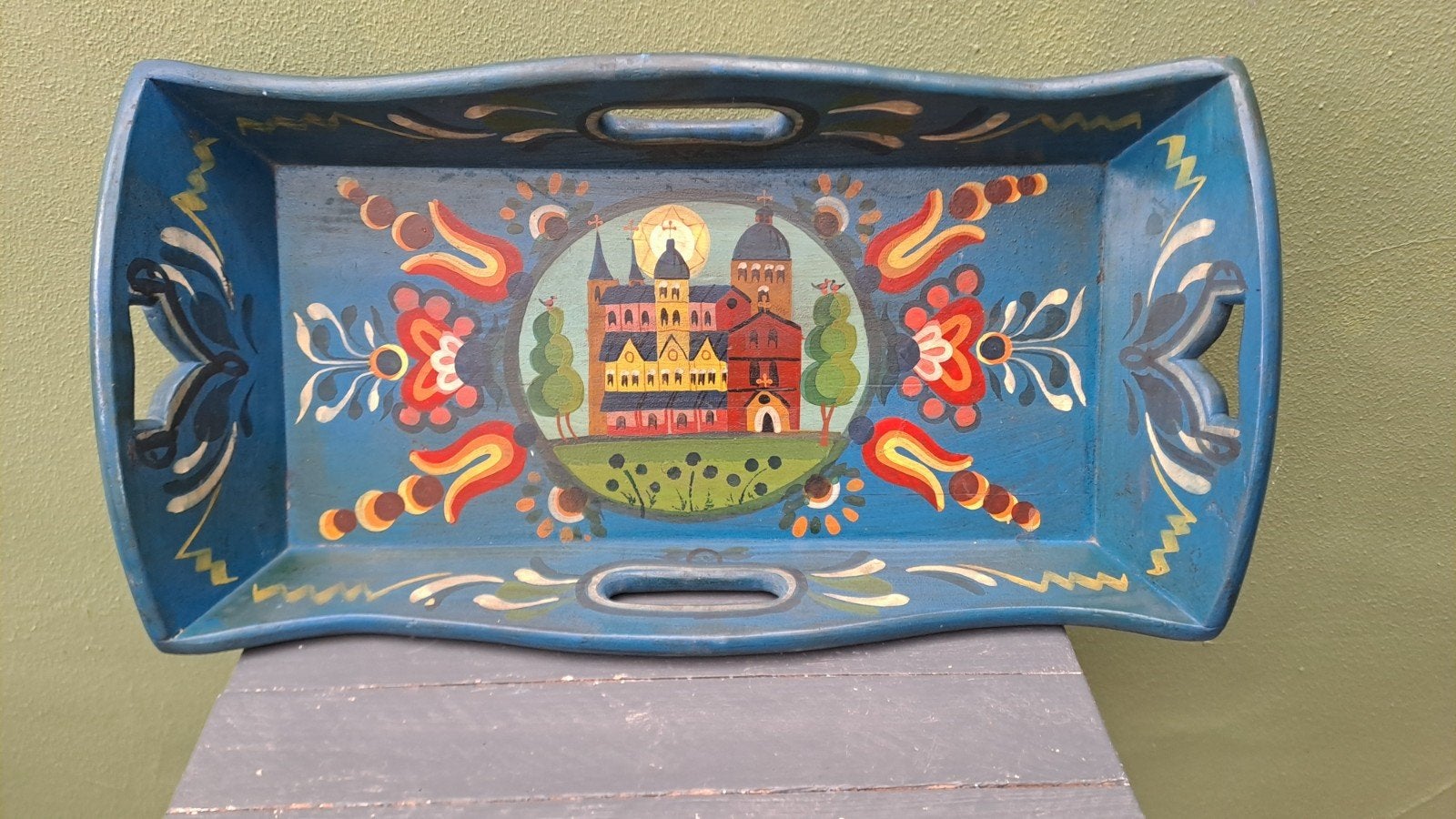 Vintage beschilderd houten Russische mangelbak, Antiek en Kunst, Curiosa en Brocante, Ophalen of Verzenden