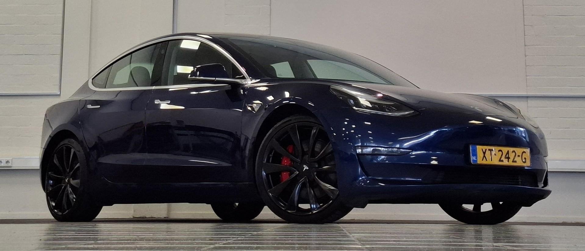 Tesla Model 3 Performance AWD 75 kWh 463PK SOH 83,9% Garanti, Automaat, Stof, Blauw, Origineel Nederlands