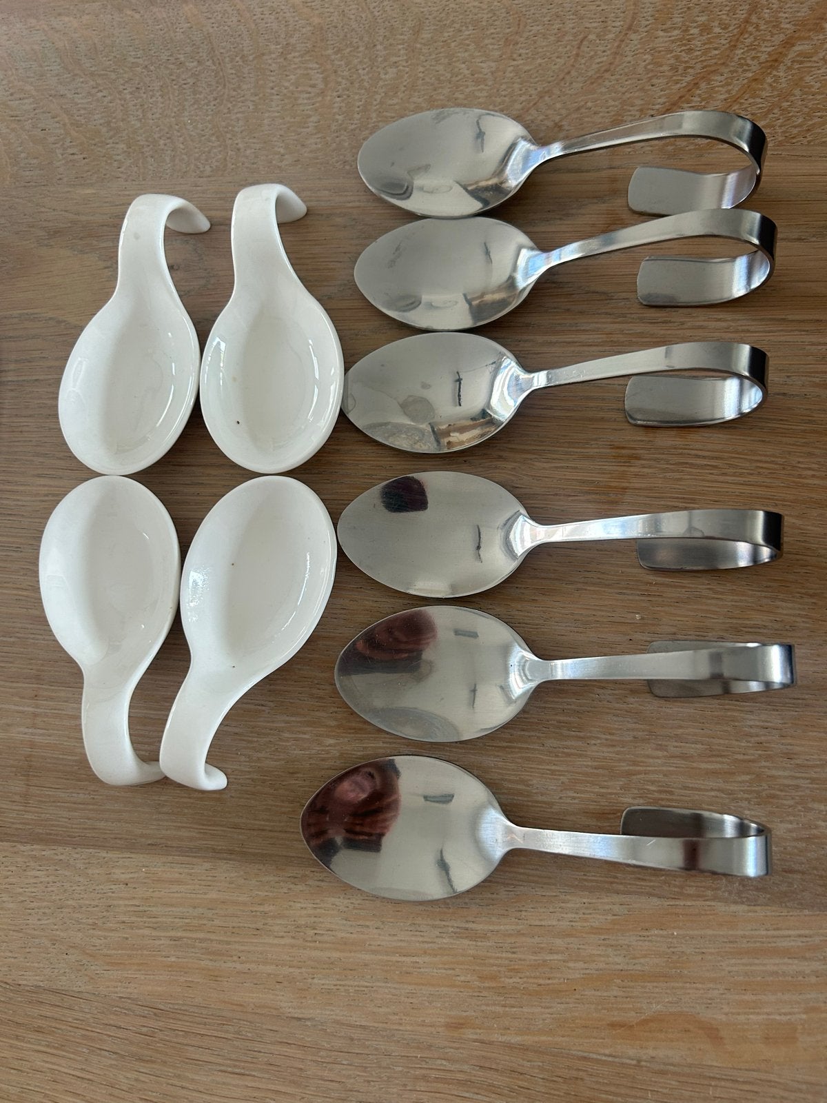 RVS Lepels met Porseleinen Lepelhouders - Set van 6, Gebruikt, Ophalen of Verzenden, Rvs of Chroom, Los bestek