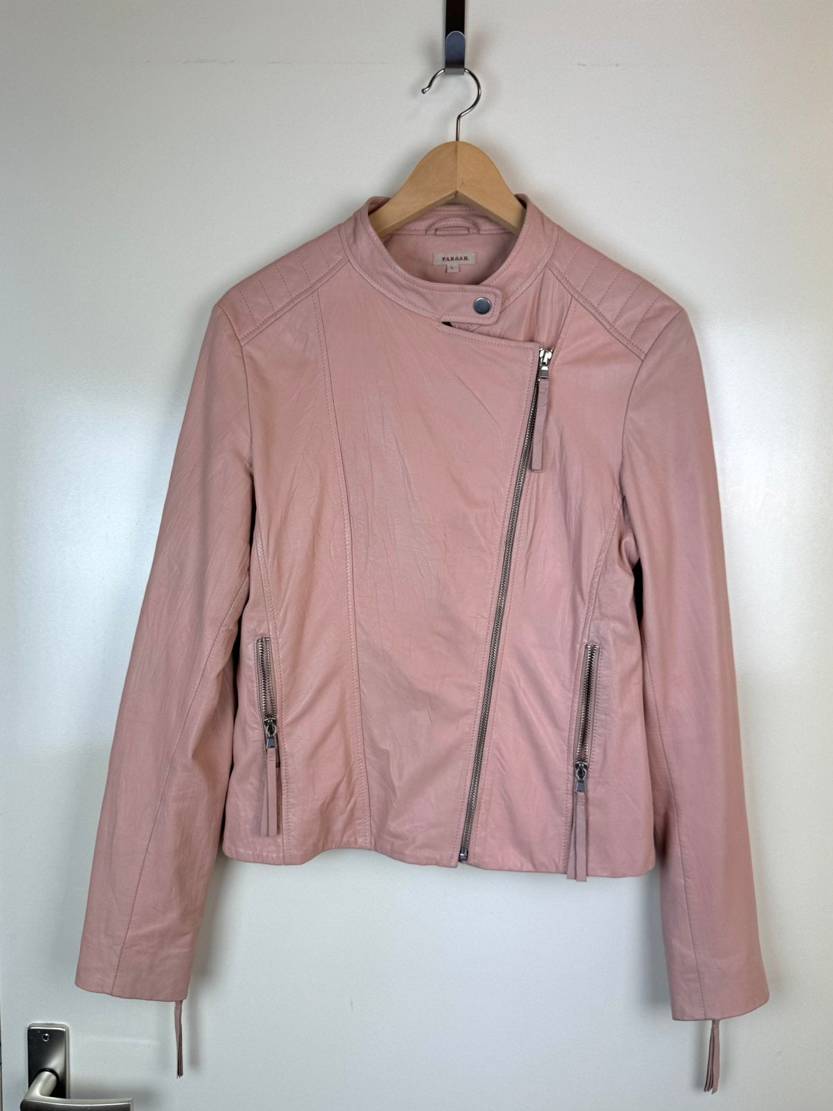 PAROSH Leather Biker Jacket Moto Blush Pink Car Coat L, Ophalen of Verzenden, Zo goed als nieuw, Maat 42/44 (L), Roze