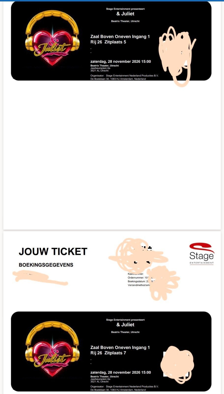 2 tickets &juliet 28nov 15.00, Twee personen, Overige soorten, Overige typen