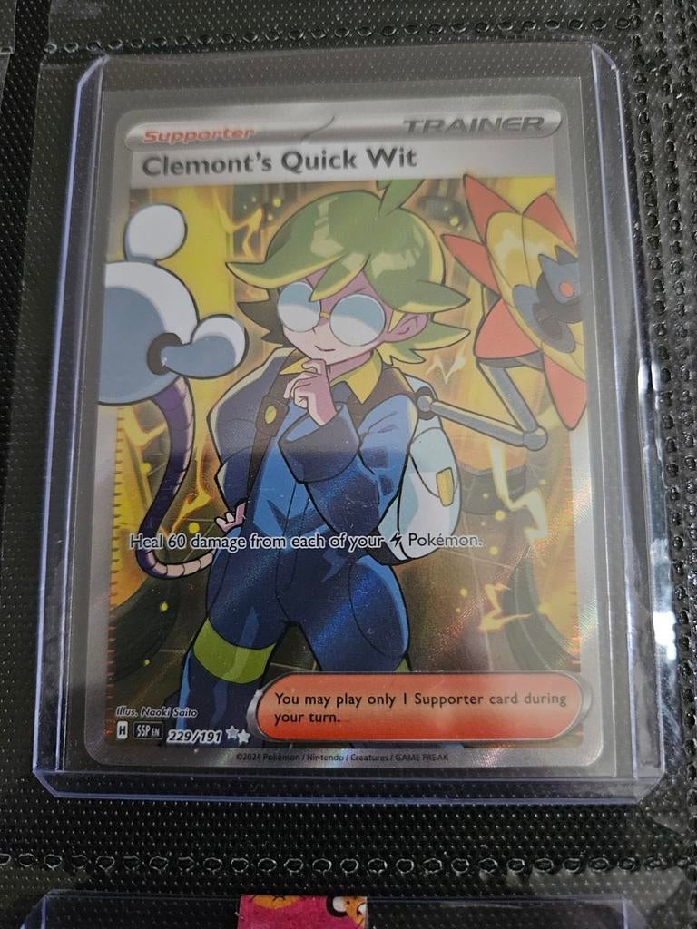 Pokemon Clemont's Quick Wit 229/191 Surging Sparks, Ophalen of Verzenden, Zo goed als nieuw, Losse kaart, Foil