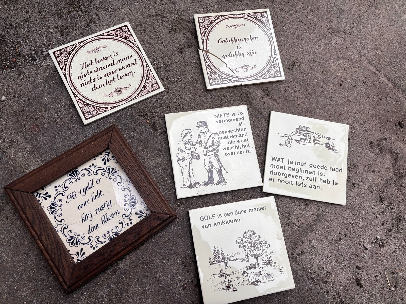 Set van 6 decoratieve tegeltjes met spreuken en lijst, Ophalen