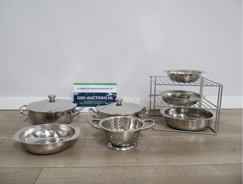 RVS Alessi pannenset met vergiet en een pannenrek, Ophalen of Verzenden, Niet ingevuld, Niet ingevuld, Niet ingevuld