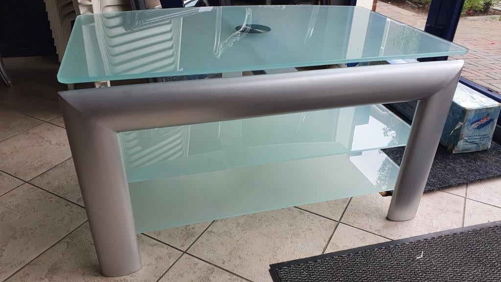 Moderne TV-meubel met glazen platen, draaibare bovenplaat, Ophalen, Gebruikt, 50 tot 100 cm, Glas