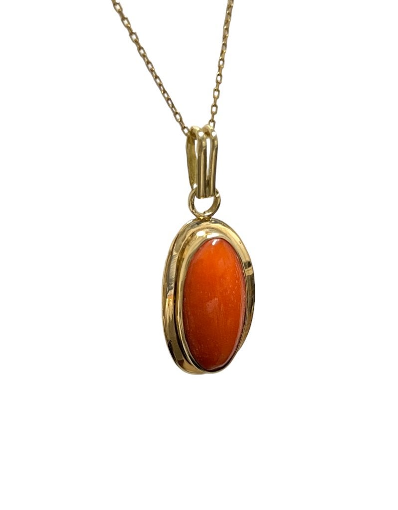 Antiek Gouden Hanger Ovaal Cabochon Geslepen Bloedkoraal, Ophalen, TIEMAN JUWELIERS, Overige voorstellingen, -