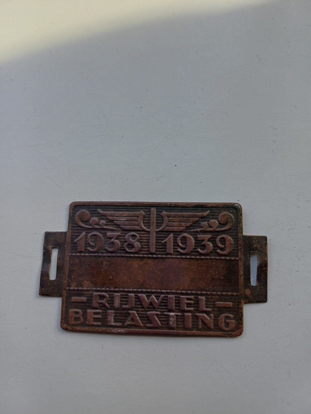 Origineel Rijwielbelastingplaatje 1938-1939 WOII, Ophalen