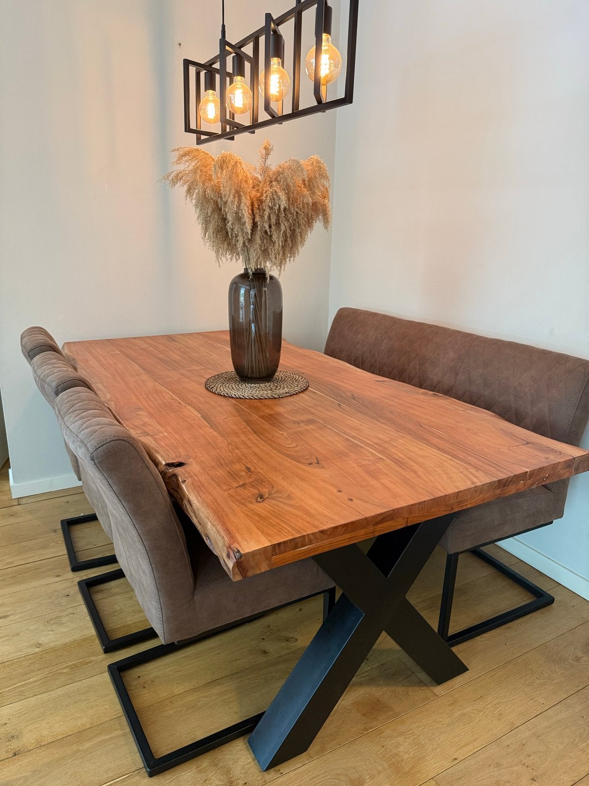 Complete eettafel set: Boomstamtafel Los Angeles + stoelen/b, Ophalen, 100 tot 150 cm, Zo goed als nieuw, Vijf personen of meer