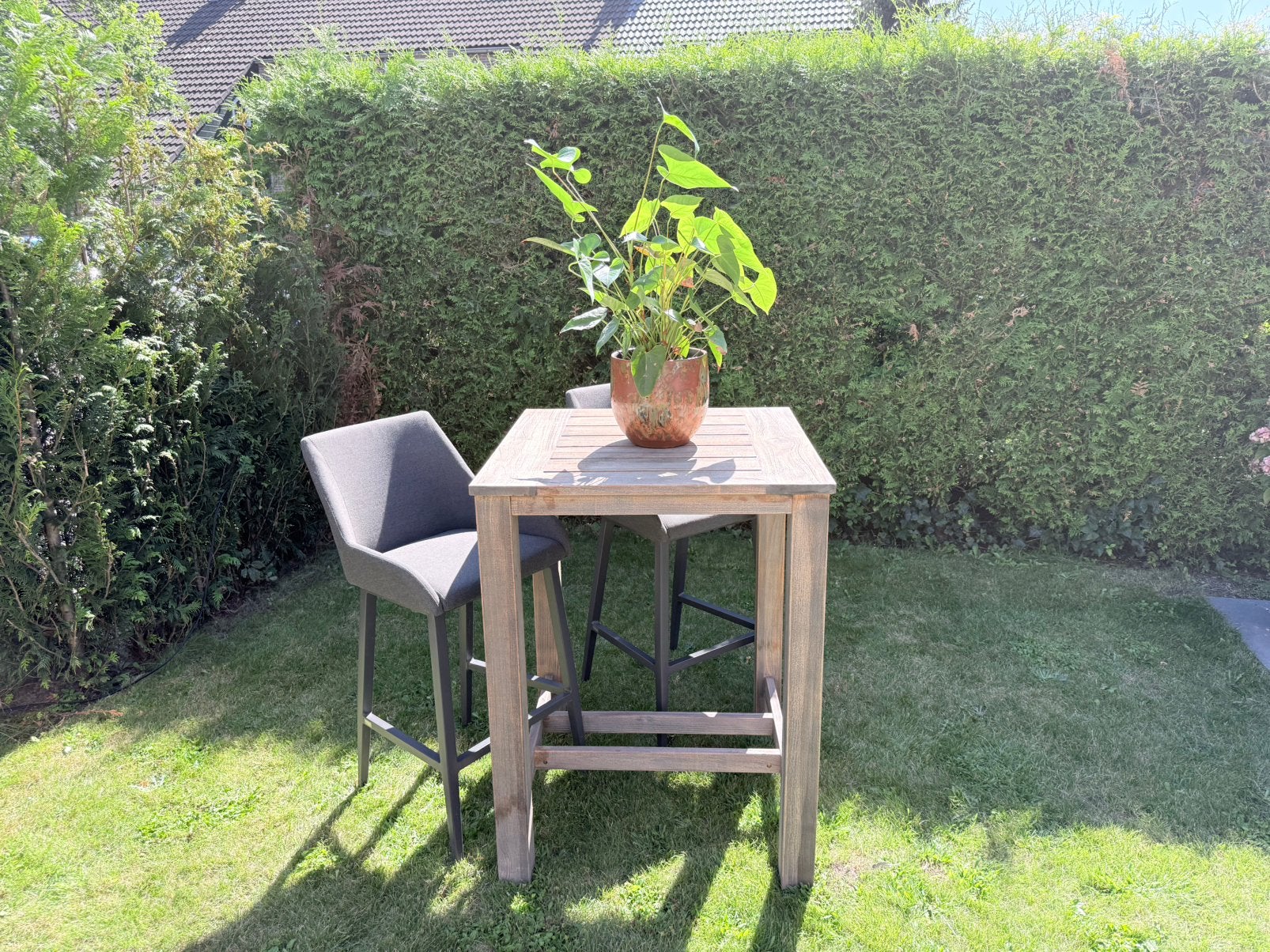 Rough x bar 80x80x105 met barstoelen, Tuin en Terras, Tuinsets en Loungesets, Ophalen, Zo goed als nieuw, Hout