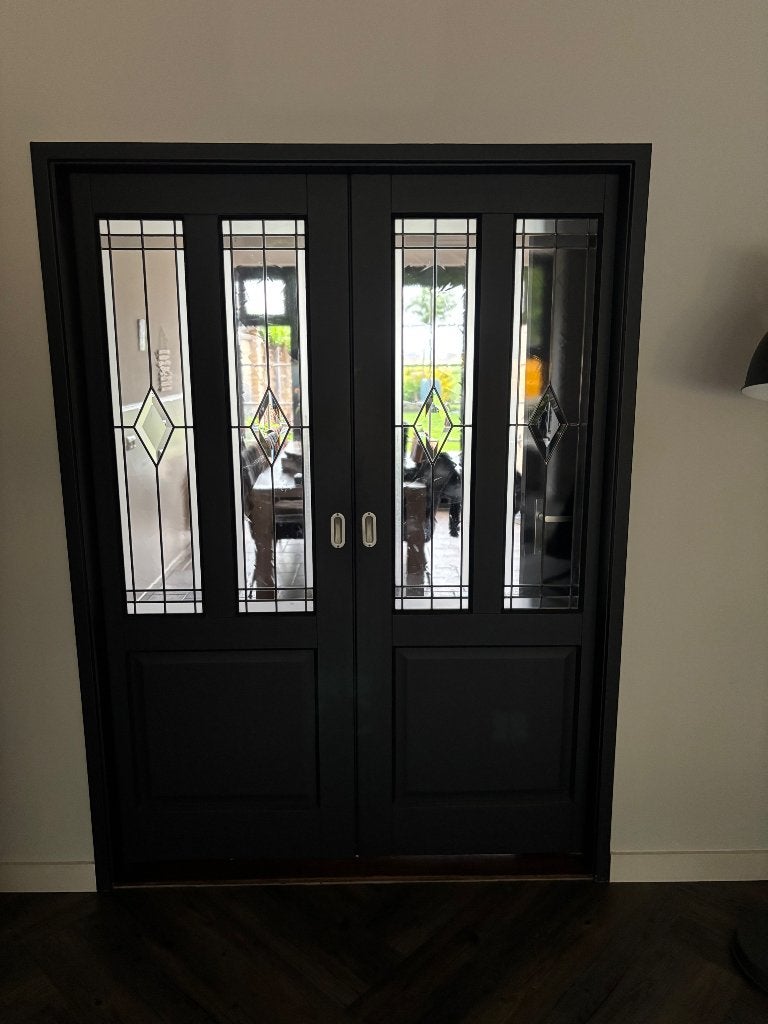 Ensuite deuren met glas in lood en rail systeem, Ophalen, Minder dan 80 cm, Binnendeur, Zo goed als nieuw