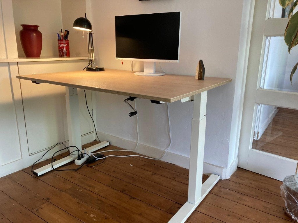 IKEA TROTTEN zit-sta bureau zwengel (eiken/wit), Zit-sta bureau, 120 cm, Hout, Ophalen of Verzenden