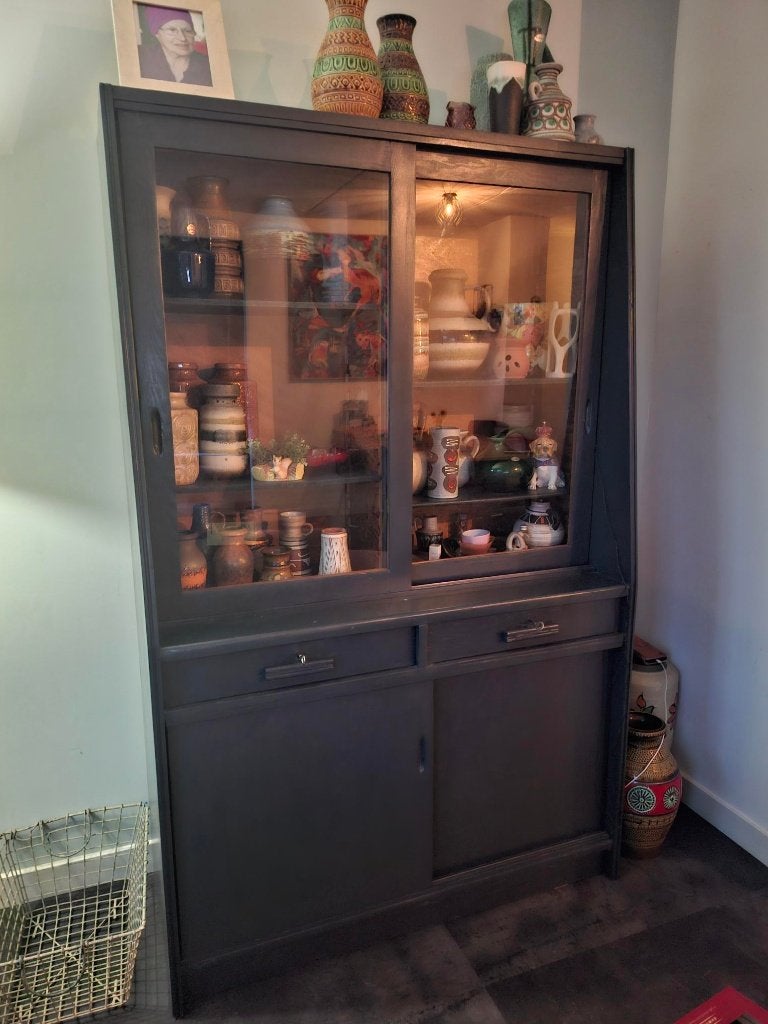 Vintage vitrinekast buffetkast schoolkast donkerblauw, Huis en Inrichting, Ophalen, Gebruikt, 50 tot 100 cm, Glas