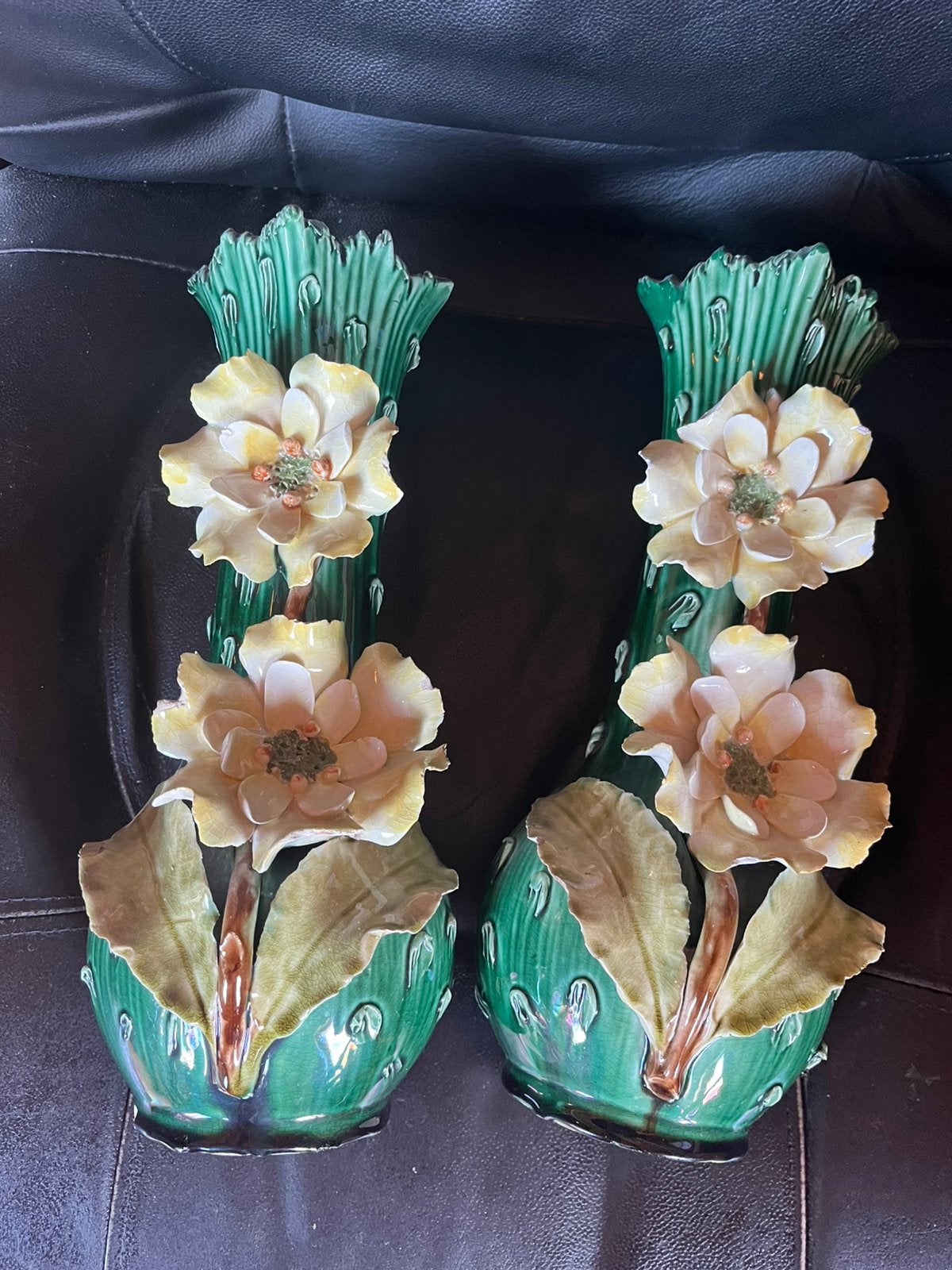 2 vazen opgelegde bloemen - groen - antiek, Ophalen of Verzenden
