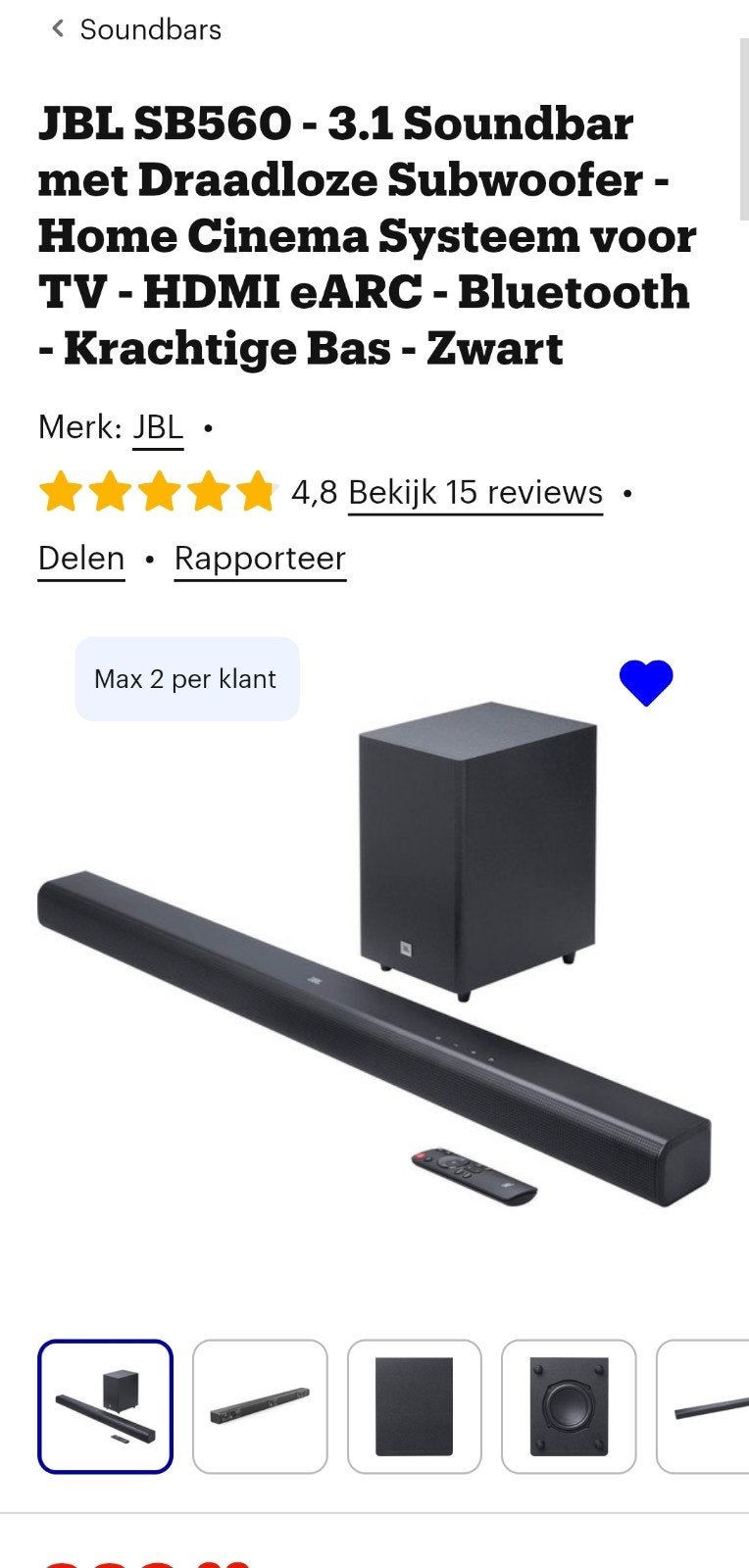 JBL SB560 Soundbar, Audio, Tv en Foto, Ophalen of Verzenden, Bluetooth, Zo goed als nieuw