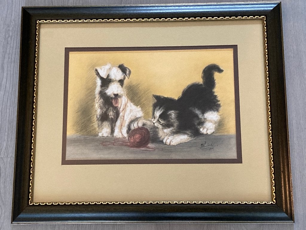 Klassiek gesigneerd schilderij van spelende hond en kat, Ophalen, Dieren, Klassiek, Gesigneerd