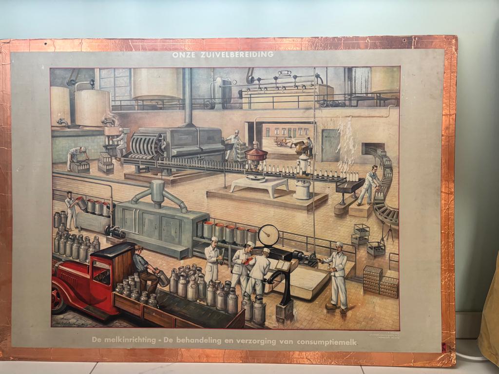 Wolters Nostalgische Schoolplaat Melkfabriek, Antiek en Kunst, Antiek | Schoolplaten, Aardrijkskunde, Ophalen