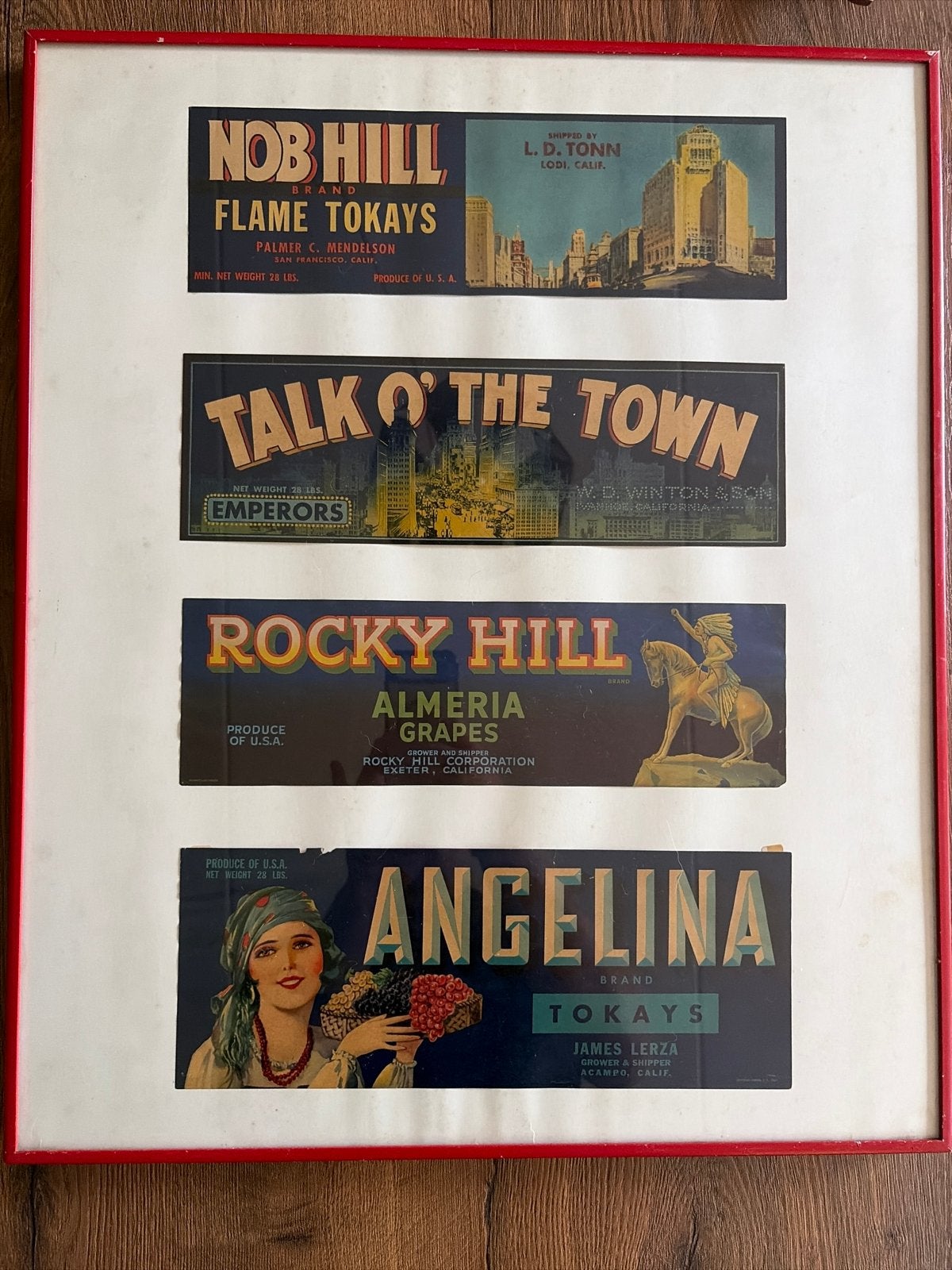 Vintage fruitkist etiketten ingelijst - Nob Hill, Talk O' Th, Verzamelen, Ophalen, Met lijst, A1 t/m A3, Overige onderwerpen