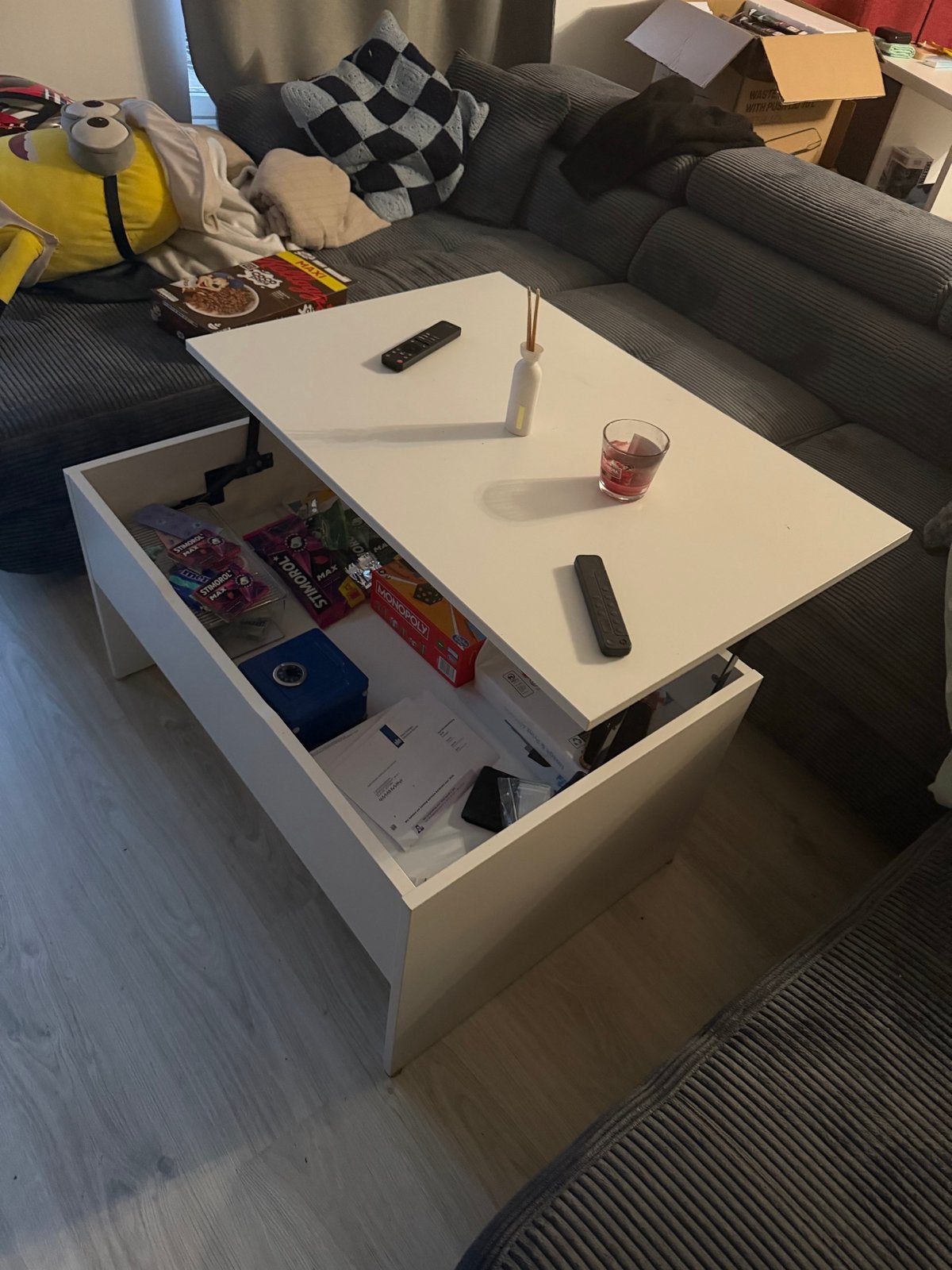 Salontafel met opbergvak en uitschuifbaar blad, Ophalen, 50 – 75, Gebruikt, 100 tot 150 cm