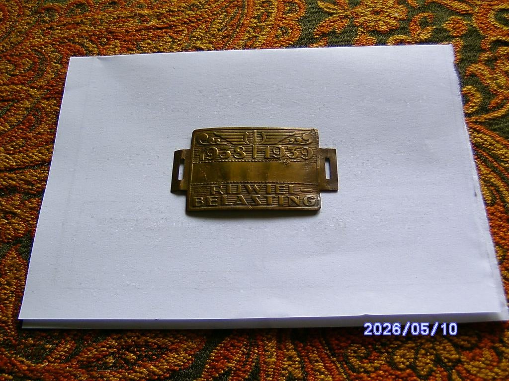 rijwiel belasting plaatje fiets 1938/1939 voor de oorlog, Antiek en Kunst, Ophalen of Verzenden