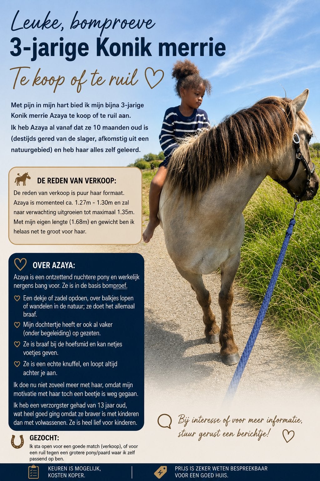 Leuke, bomproeve 3-jarige Konik merrie – Te koop of te ruil, Dieren en Toebehoren, Paarden, Minder dan 160 cm, 3 tot 6 jaar, Onbeleerd