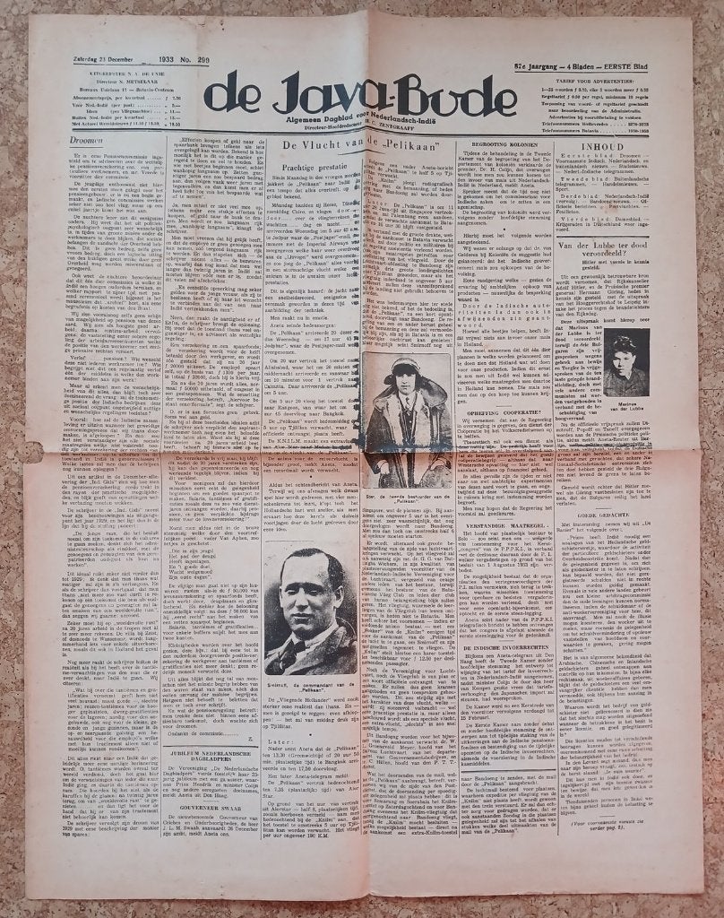 De Javabode vlucht Pelikaan Fokker krant 1933 Indië, Gebruikt, Verzenden, Overige typen, X