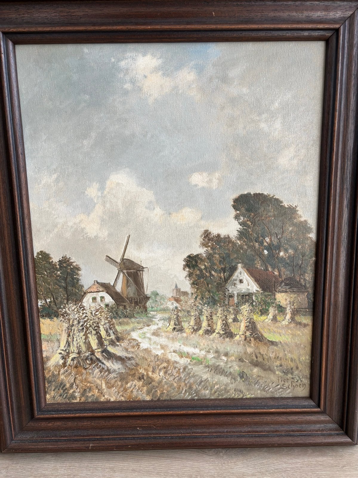 Olieverfschilderij Landschap met Molen en Korenschoven, Doek, Realistisch, Ophalen of Verzenden, Gesigneerd