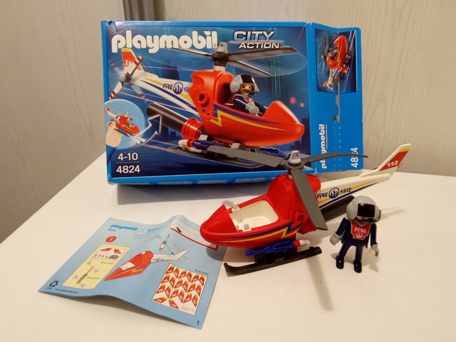 Playmobil 4824 brandweer blus helicopter compleet met doos, Complete set, Voertuig, Ophalen of Verzenden, Zo goed als nieuw
