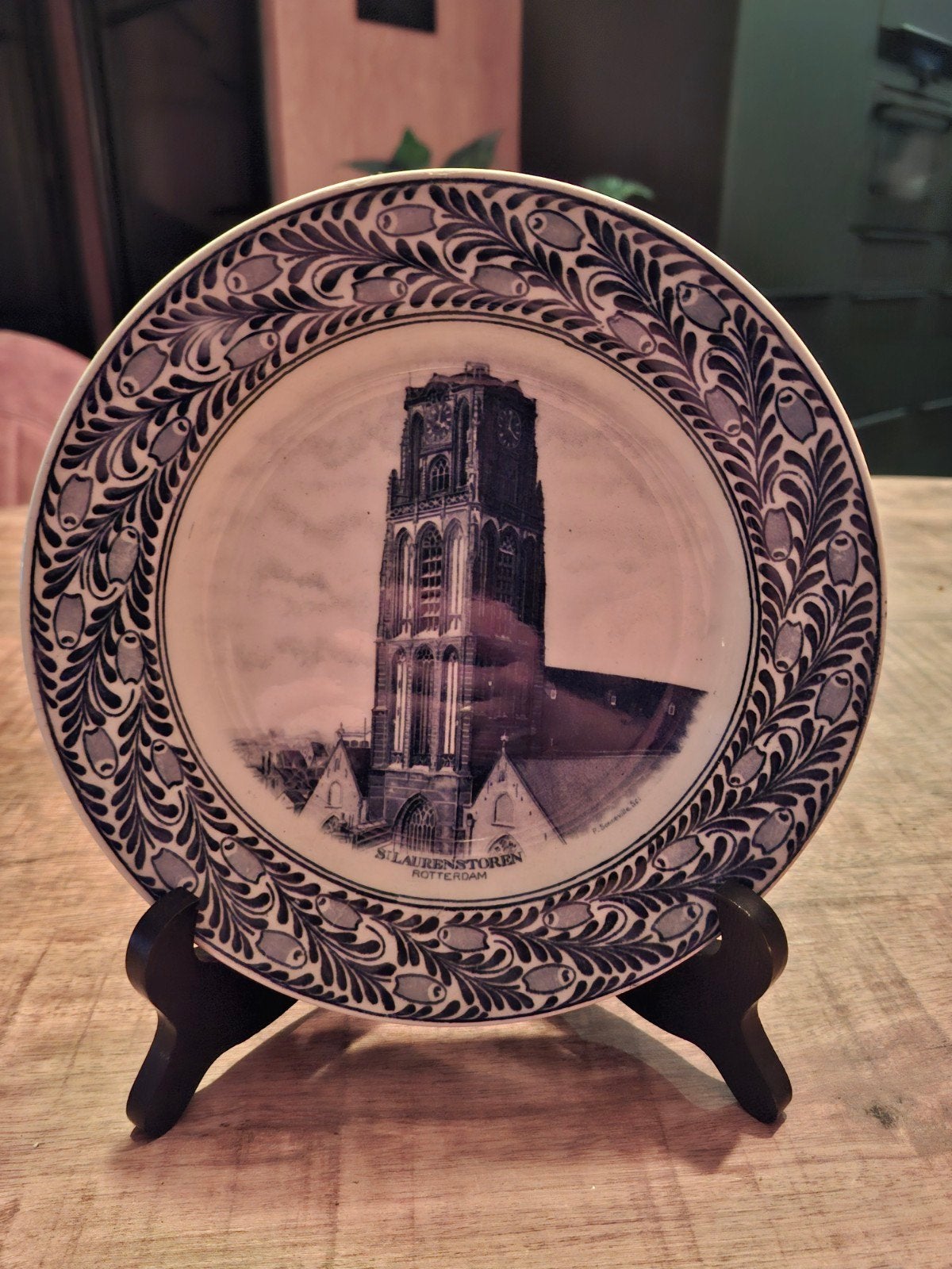Antiek Delfts Blauw Sierbord "De Toren van Rotterdam", Ophalen of Verzenden