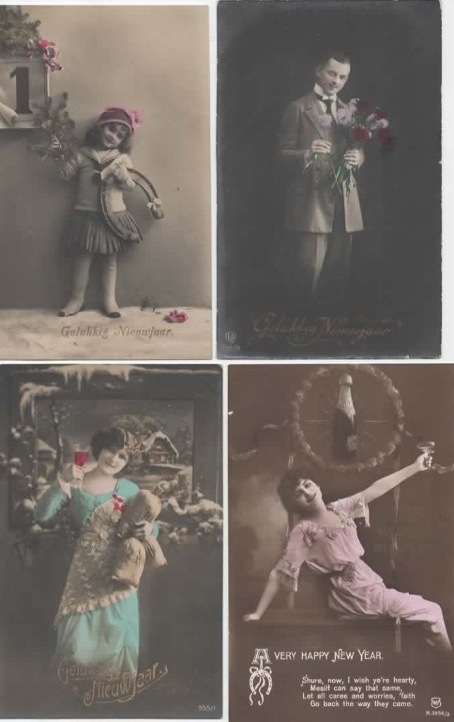 Fantasie 4x Gelukkig Nieuwjaar 3, Verzamelen, Verzenden, Voor 1920, Feest(dag)
