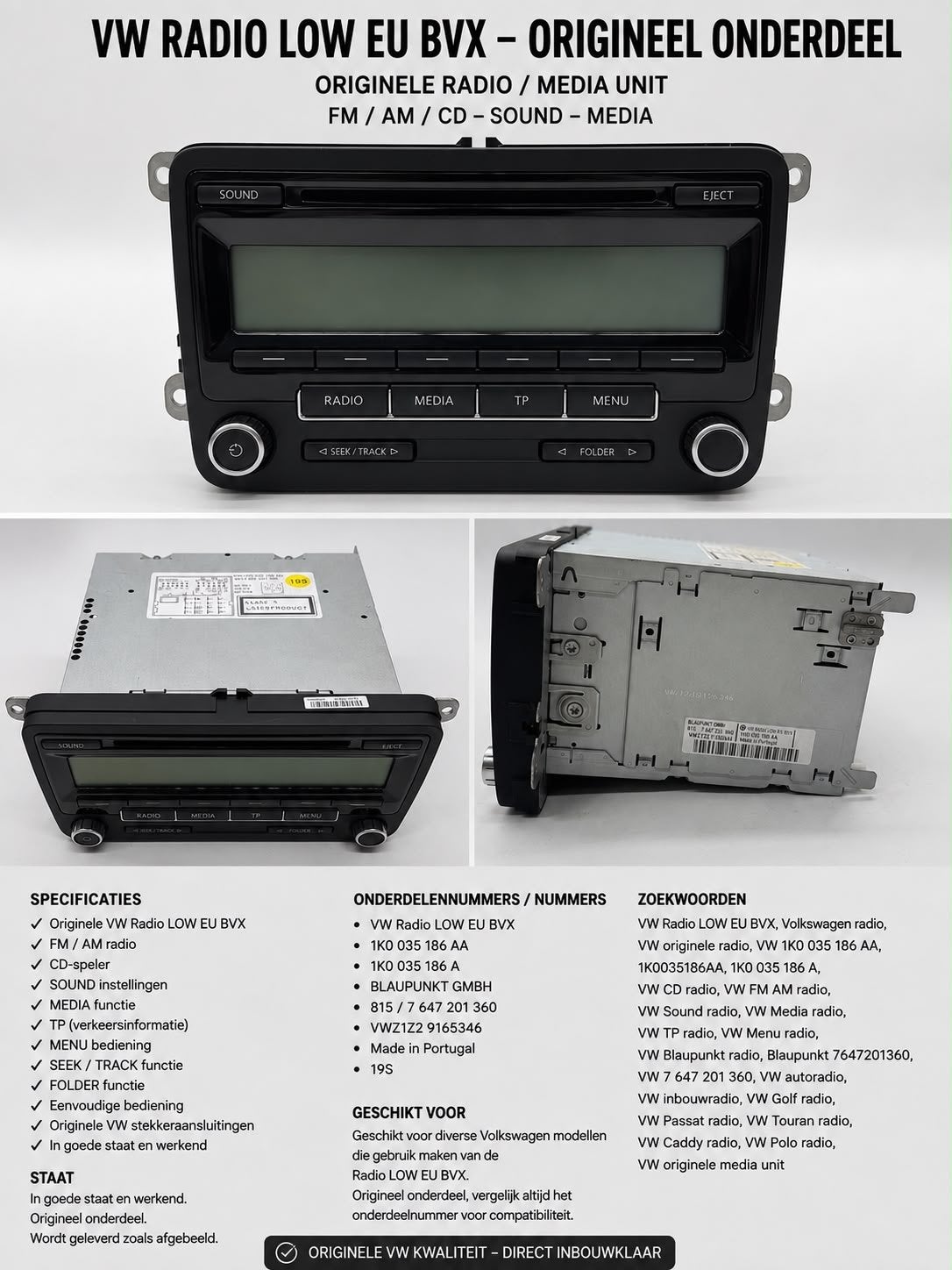 VW Radio LOW EU BVX - Originele Radio/Media Unit, Ophalen of Verzenden, Gebruikt