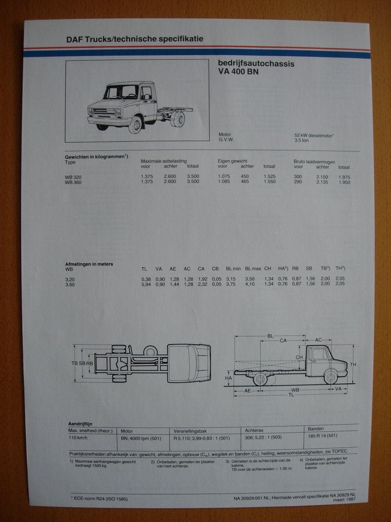 DAF VA 400 BN Technische Specificatie Folder 1987, Ophalen of Verzenden, Zo goed als nieuw, Overige merken, DAF