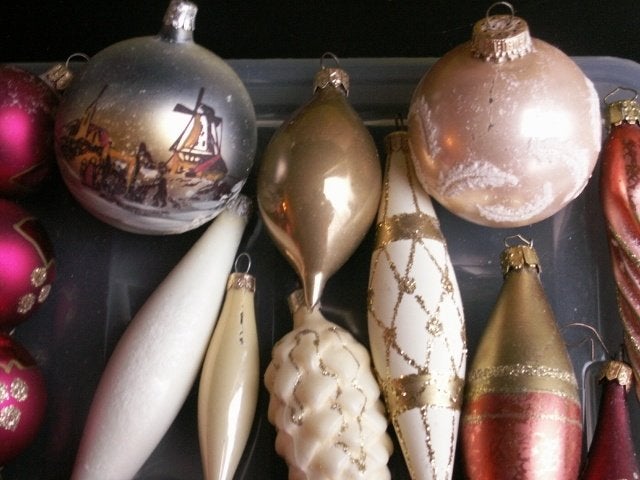 27 oude glazen kerstballen in div kleuren + vormen rood goud, Ophalen of Verzenden, Zo goed als nieuw