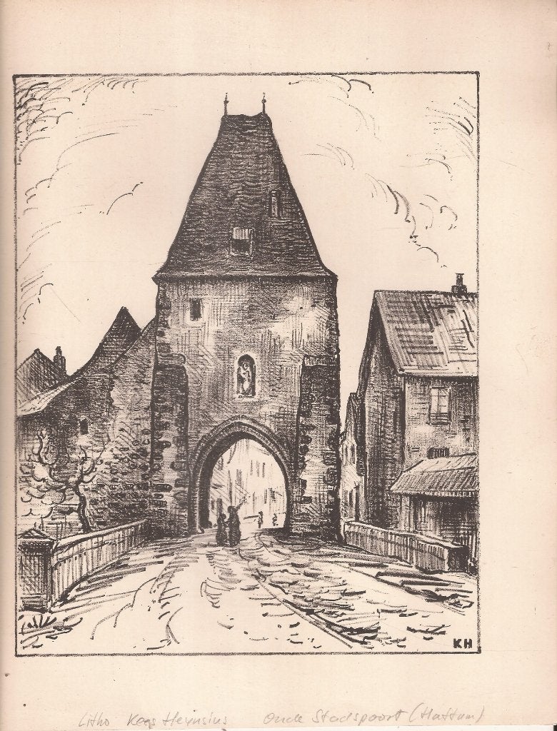 Heynsius, Kees -Oude stadspoort (Hattem ?) ca. 1939, 25 cm, Stadsgezicht, Ophalen of Verzenden, Met monogram