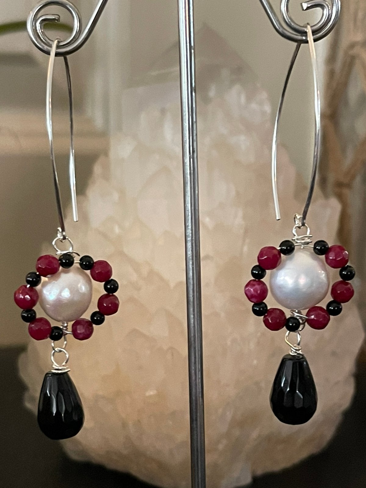 Onyx , Robijn , zoetwater Parel oorbellen 925 Zilver, Ophalen of Verzenden, Nieuw