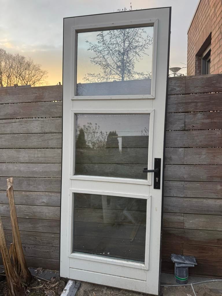 Hardhouten deur met HR++ glas en driepuntssluiting, Ophalen, Gebruikt, 80 tot 100 cm, 215 cm of meer