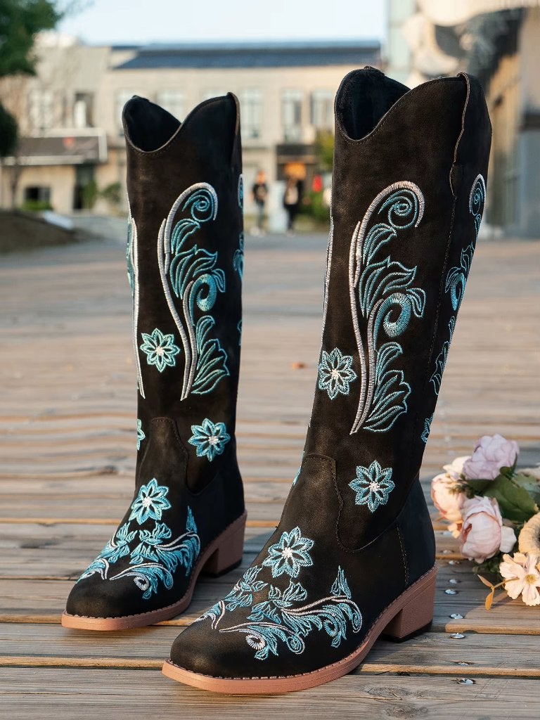 Zwarte dames cowboy laarzen met bloemen motief, Kleding | Dames, Schoenen, Verzenden, Nieuw, Zwart, Hoge laarzen