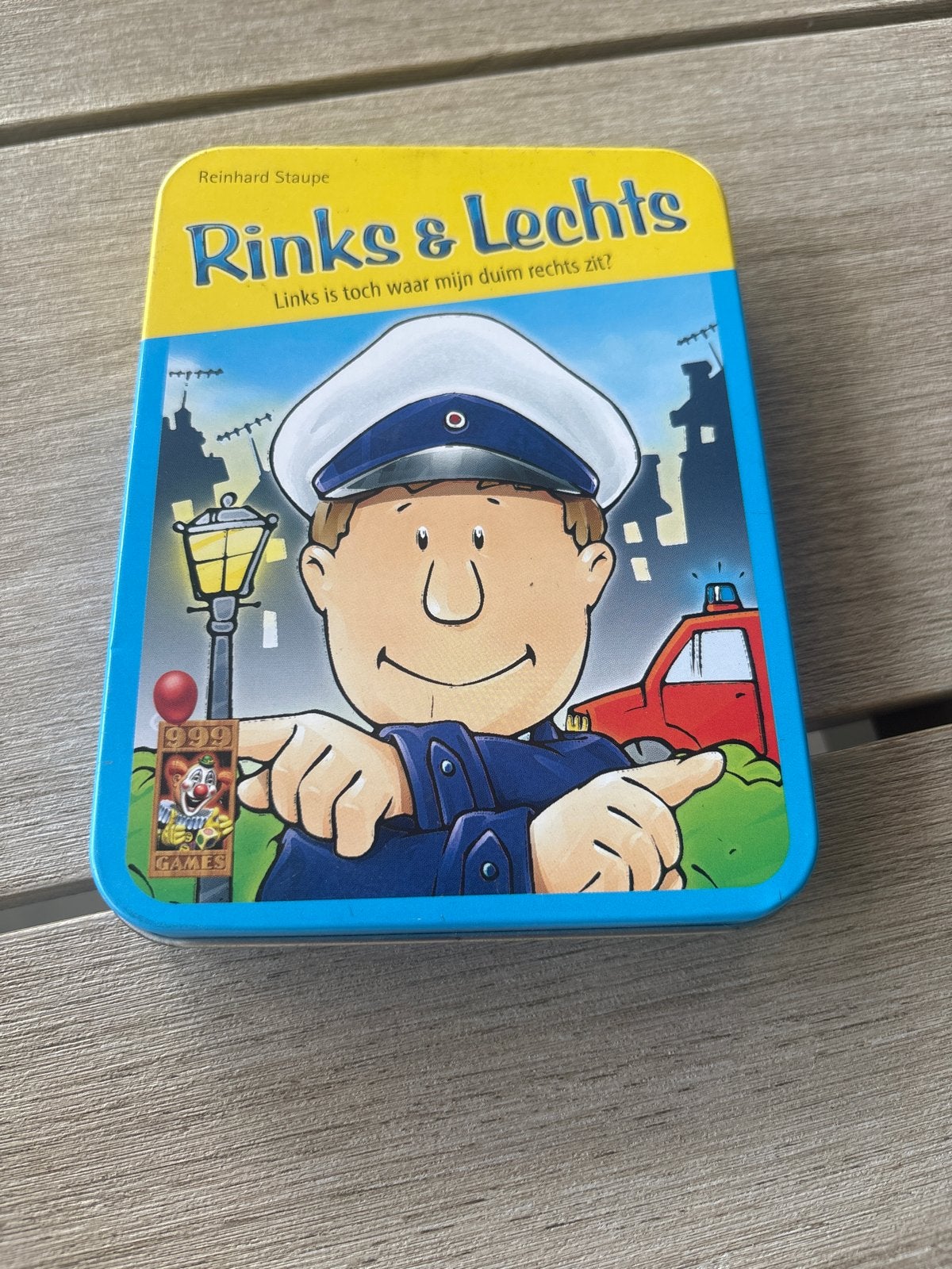 Rinks & Lechts kaartspel in blik - 999 Games, Drie of vier spelers, Ophalen of Verzenden, Gebruikt