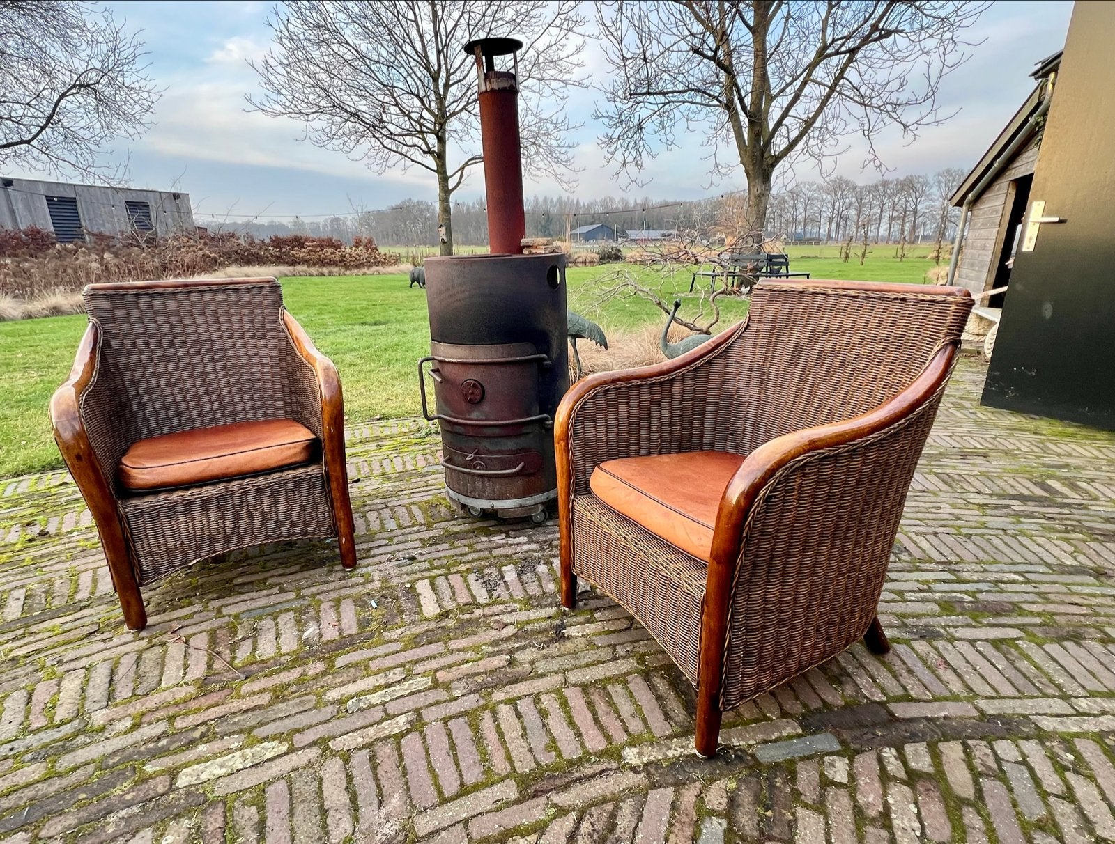 Set rotan fauteuils met schapenleren kussen, Huis en Inrichting, Ophalen of Verzenden, Bruin, Twee