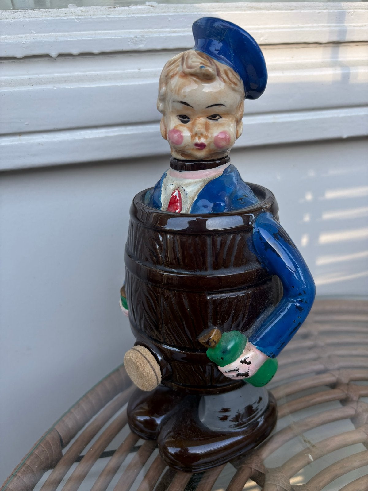 Vintage jenever kruik - Man in vat, Ophalen of Verzenden