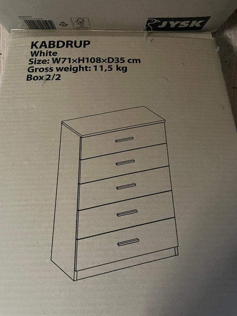 Witte ladekast Jysk Tapdrup met 5 lades laden 71 cm breedte, Ophalen, 50 tot 100 cm, Zo goed als nieuw, 3 of 4 laden