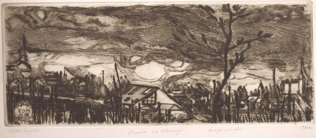 Lydia Luijten. Gezicht op Bleiswijk. Droge Naald. 1978, Antiek en Kunst, Kunst | Etsen en Gravures, 10 cm, Origineel, Stadsgezicht