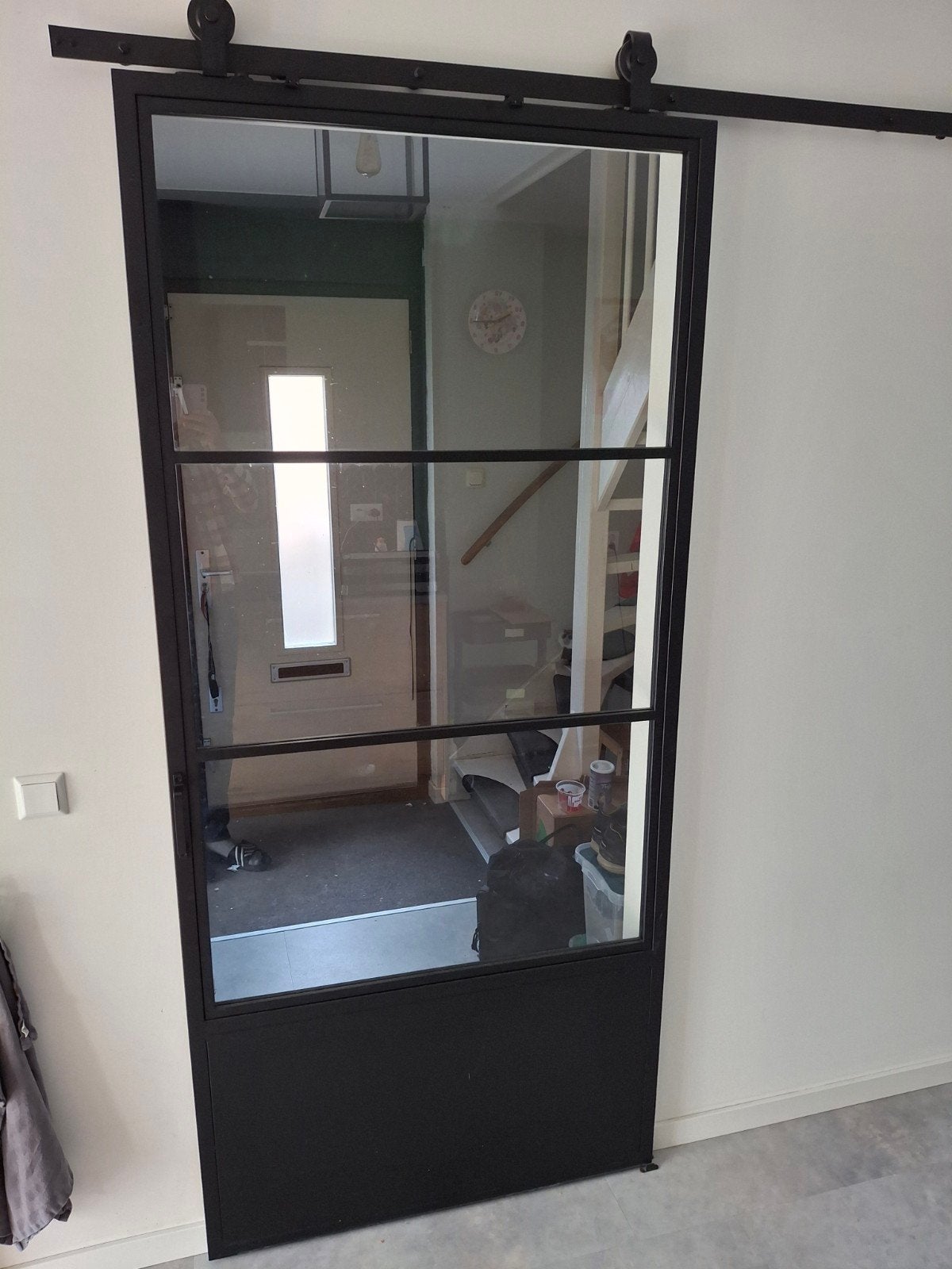 Stalen schuifdeur met kickplate en helder glas, 215 cm of meer, Binnendeur, Zo goed als nieuw, Schuifdeur