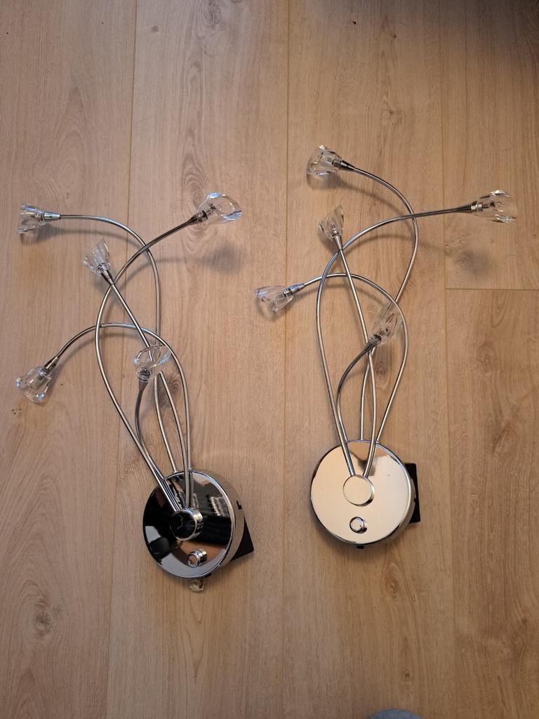 2 wandlampen "octopus 5l" halogeen. Dimbaar, chroom en glas, Ophalen, Zo goed als nieuw, Modern, Plafondspot of Wandspot