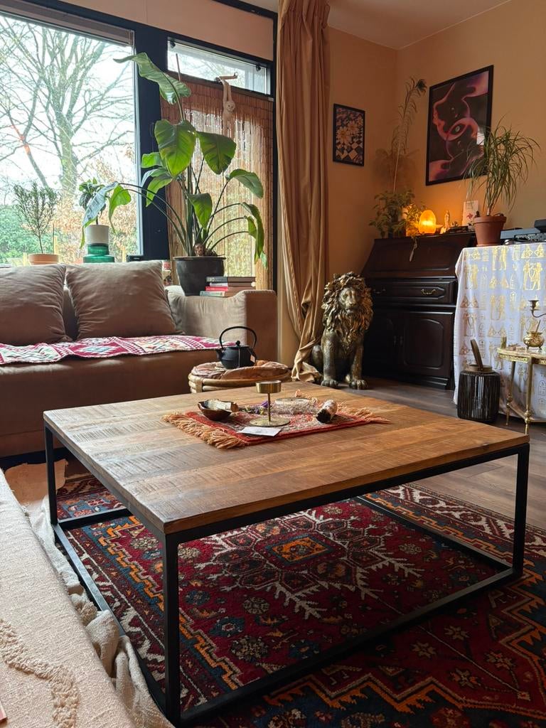 Mangohouten salontafel 90x90 cm met zwart metalen frame, Ophalen, Overige materialen, 50 tot 100 cm, 50 tot 100 cm