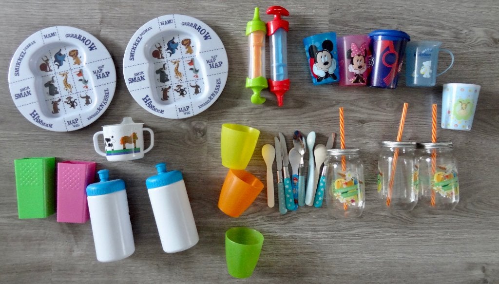 Pakket baby peuter bordjes, bekers, lepels etc, Ophalen of Verzenden, Gebruikt, Overige typen