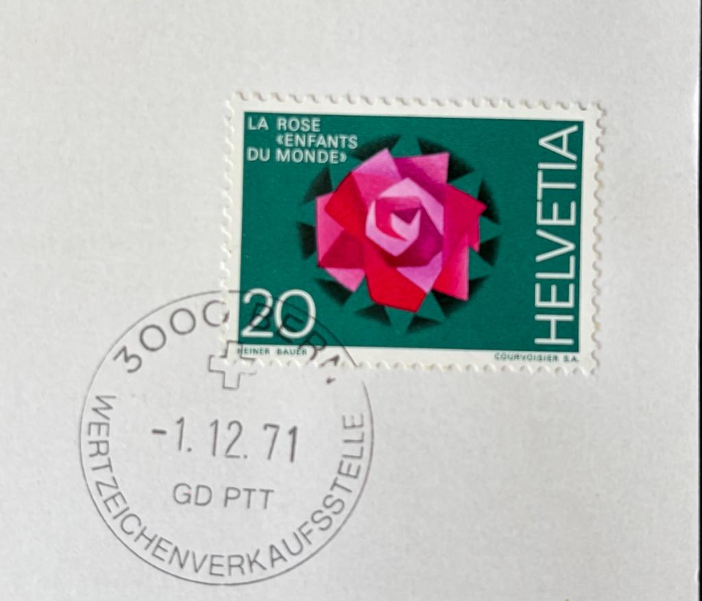 FDC Zwitserland presentatiekaart La rose enfants du monde 71, Postzegels en Munten, Postzegels | Eerstedagenveloppen, Ophalen of Verzenden