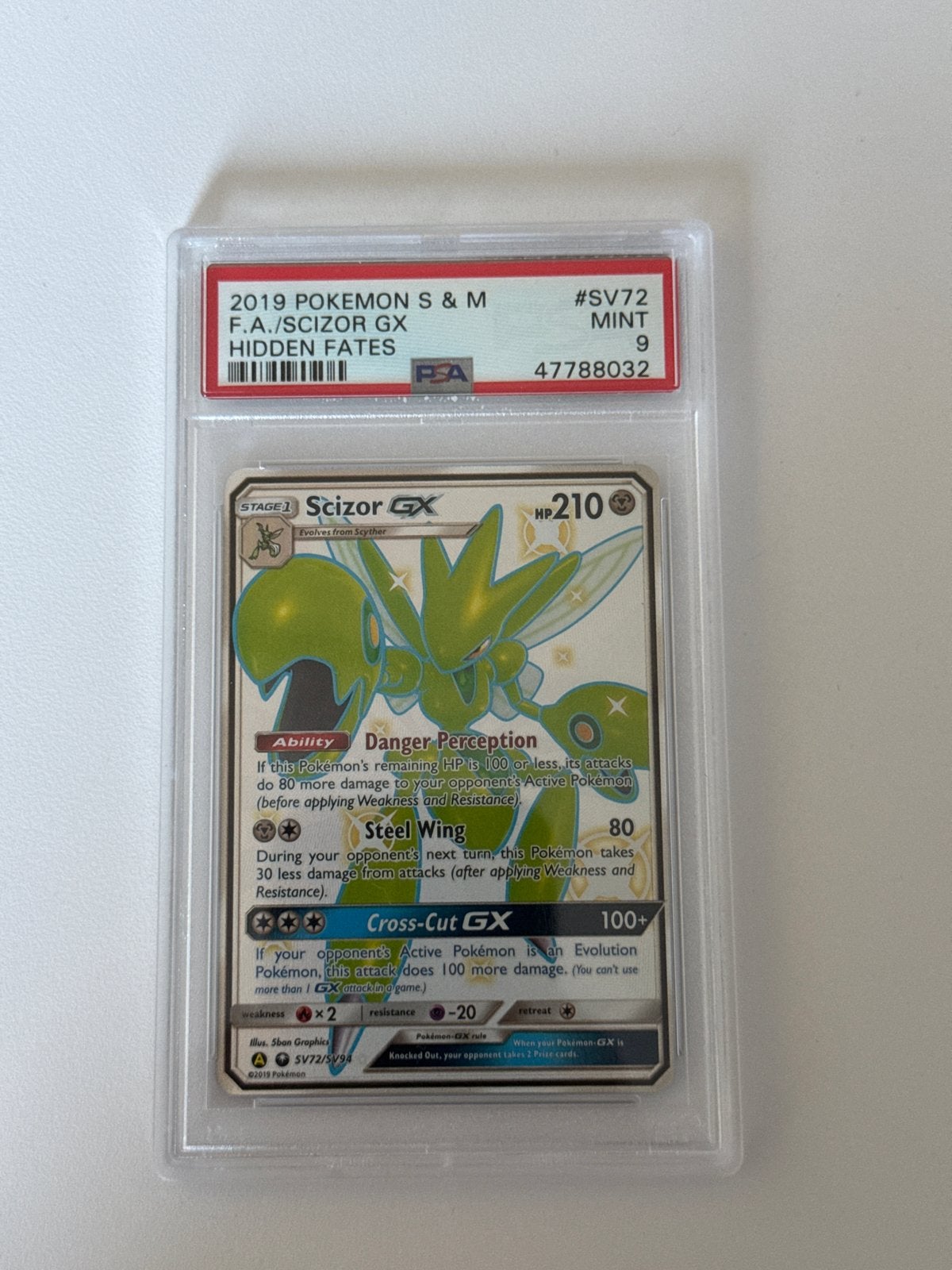 Pokémon Scizor GX PSA 9 Hidden Fates SV72, Ophalen of Verzenden, Zo goed als nieuw, Losse kaart, Foil