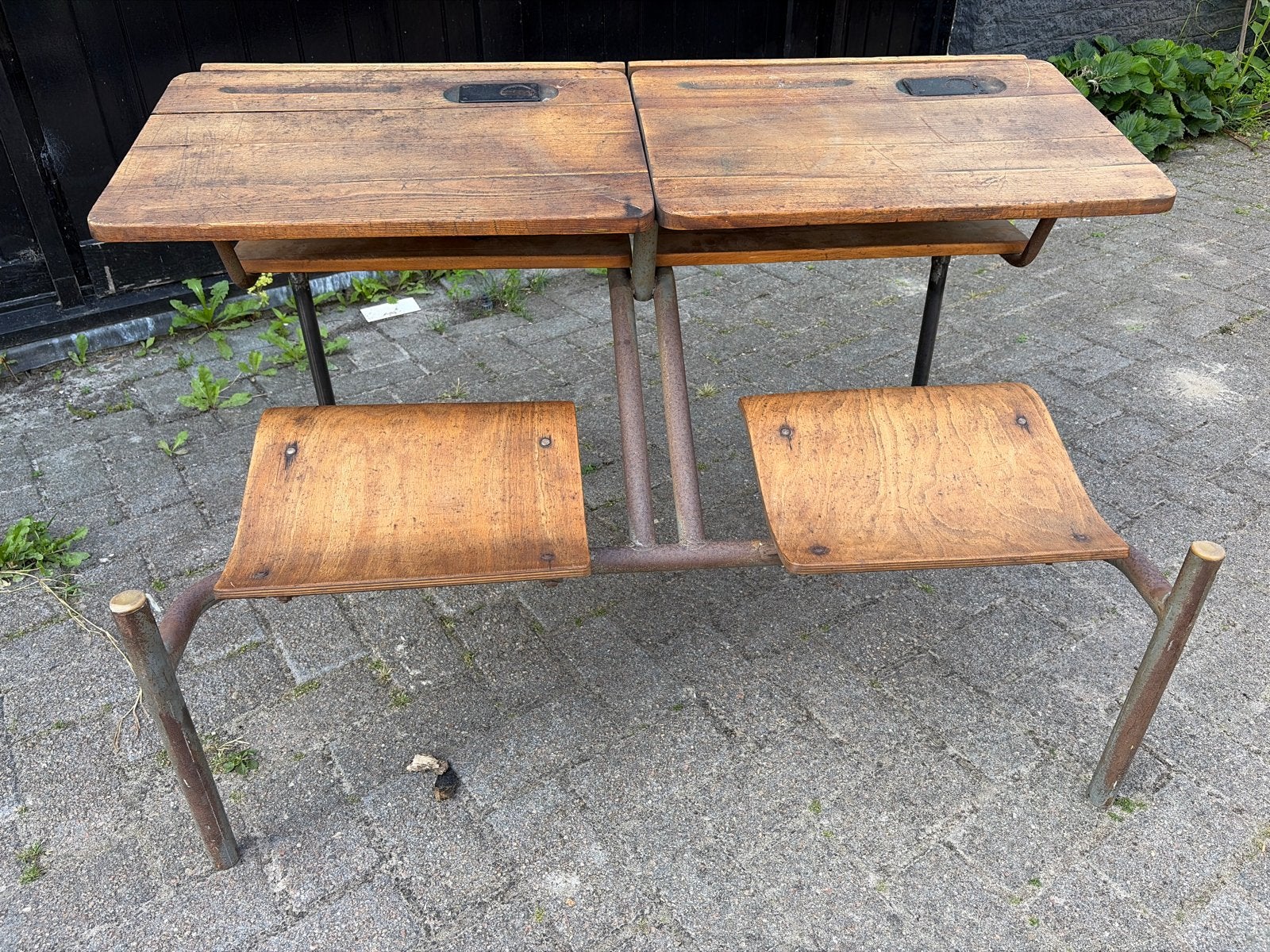 Vintage dubbele schoolbank met stoelen, Ophalen