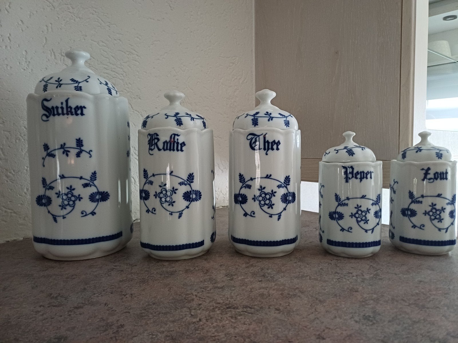 Vintage Delfts Blauw Kruidenpotjes Set (5 stuks), Ophalen
