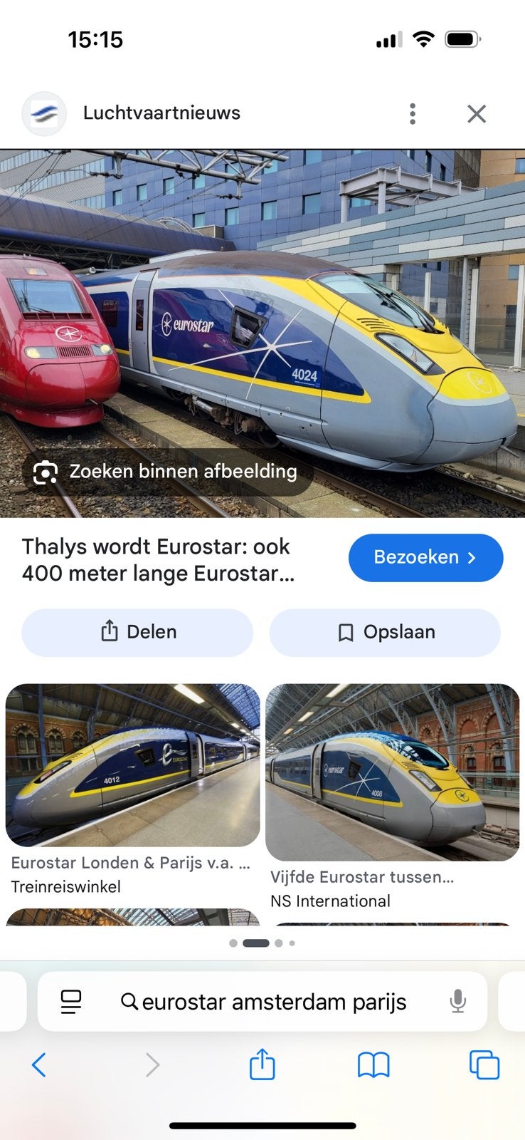 Treinticket Eurostar Amsterdam-Parijs 05-08, Tickets en Kaartjes, Eén persoon, Vliegtuig, Met bestemming of datum